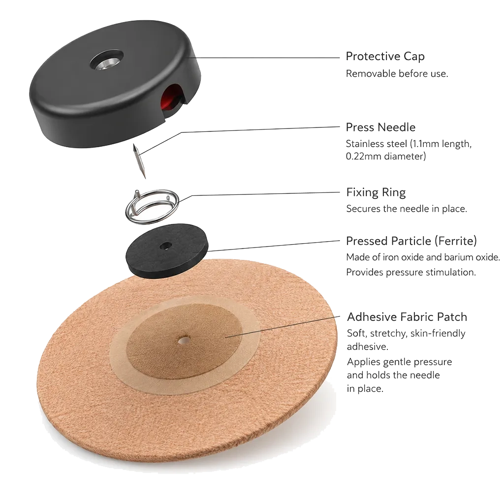 Spolban isometric diagram showing iron oxide granule, intradermal needle, and cloth tape